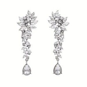Silver Crystal Rhinestone Earrings Long Dangle Drop Wedding Bridal Jewelry Prom